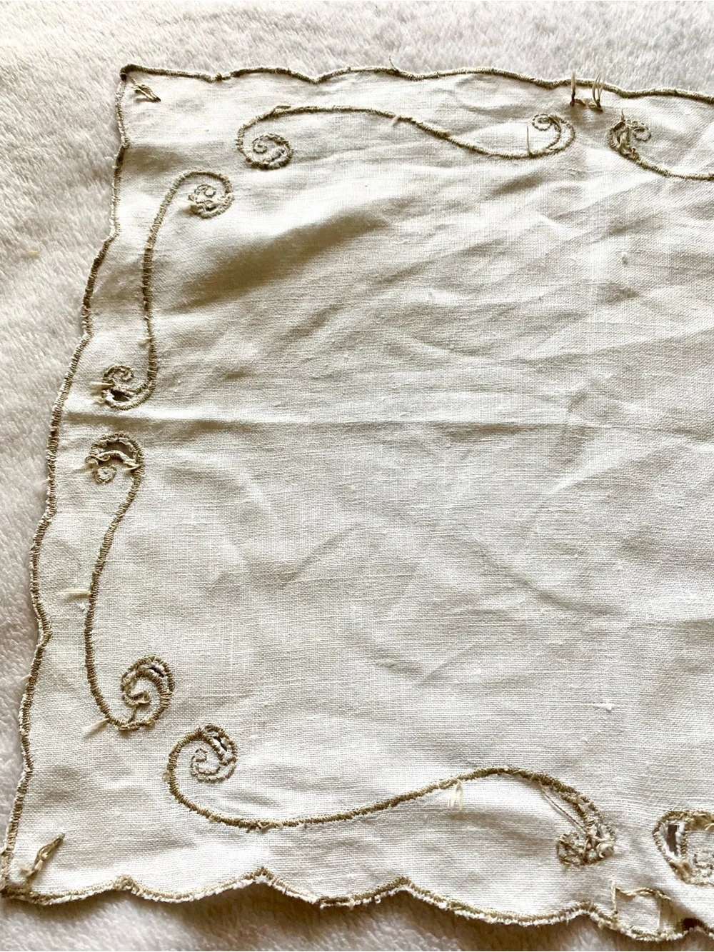 Vintage Cream Table Linen with Gold Embroidered Scrollwork